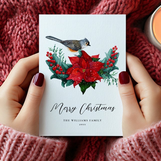 Cartão De Festividades Pássaro de Poinsettia Natal Elegante Não Foto (Elegant Christmas Poinsettia Bird Holiday Card)