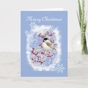 Cartão De Festividades Pássaro do Chickadee do Natal na janela gelado