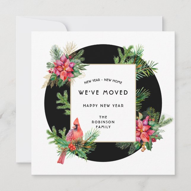 Cartão De Festividades Pássaro e Poinsettias do Cardeal Doméstico de Ano  (Frente)