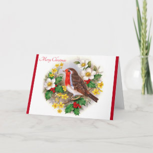 Cartão De Festividades Pássaro Feliz de Natal na Coluna Floral Natural