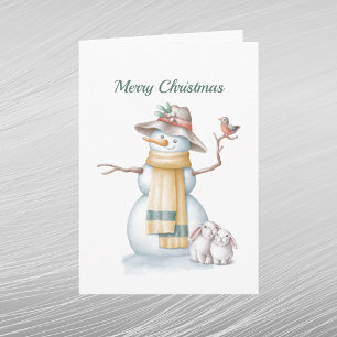 Cartão De Festividades Pássaro Neve Coelho Natal Aquarela