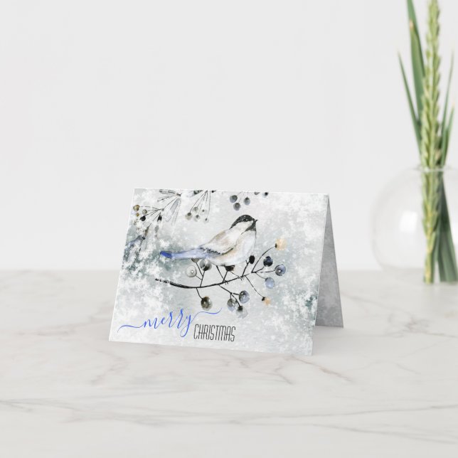 Cartão De Festividades Pássaro no ramo de neve com berries feliz Natal (Frente)