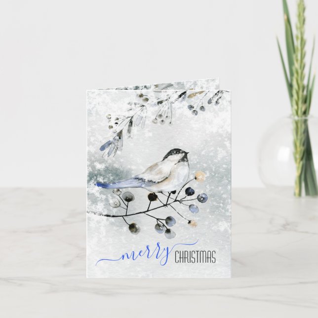 Cartão De Festividades Pássaro no ramo de neve com berries feliz Natal (Frente)