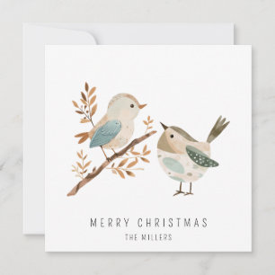 Cartão De Festividades Pássaros Aquarela Minimalista Feliz Natal