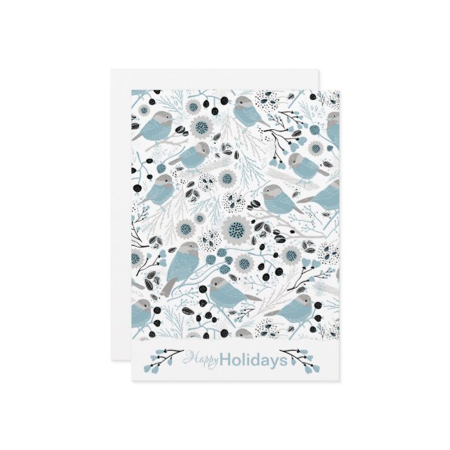 Cartão De Festividades Pássaros Chickadee Fofos Flores Frutas Cinza Azul (Frente/Verso In Situ)