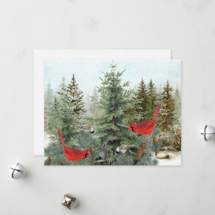 Cartão De Festividades Pássaros de Inverno Floresta Cardinal Chickadee Tr