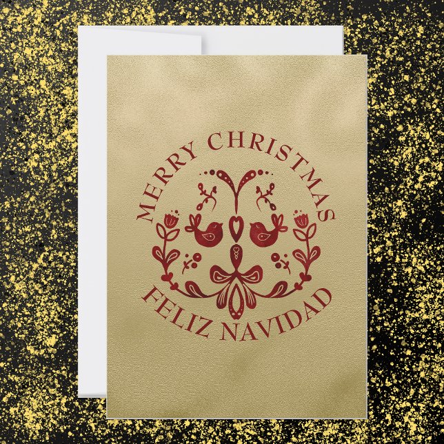 Cartão De Festividades Pássaros Dourados Espanhóis de Natal Bilíngues (Bilingual Golden & burgundy holiday card, Custom text in Spanish. multilingual Project)