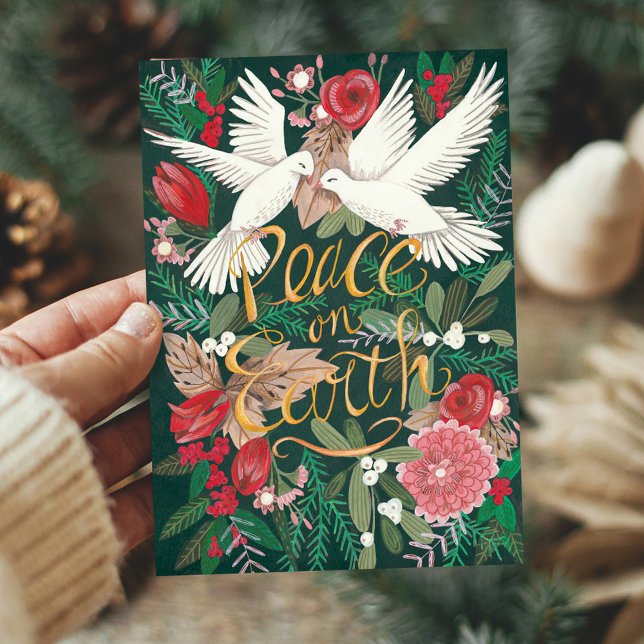 Cartão De Festividades Pássaros elegantes botânicos da pomba do verde | (Botanical Elegant Green | Dove Birds Floral Holiday Card)