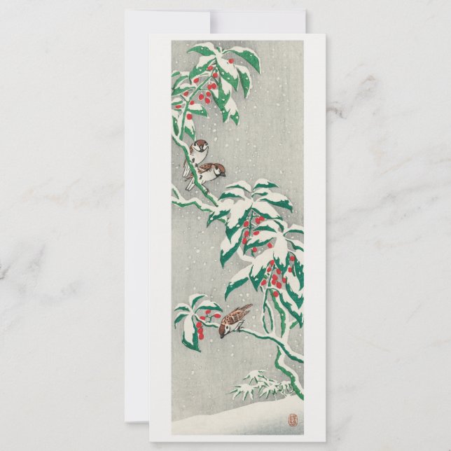 Cartão De Festividades Pássaros em um galho nevado (Frente)