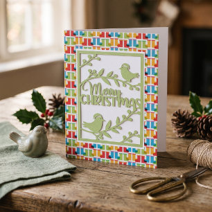 Cartão De Festividades Pássaros Verdes Feliz Natal Falso Recorte de Papel