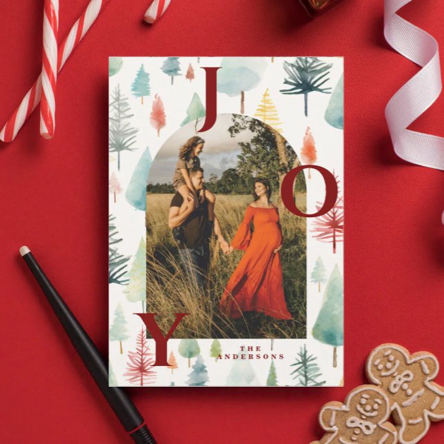 Cartão De Festividades Pastel Christmas Trees Arch Photo Red Joy  (Criador carregado)