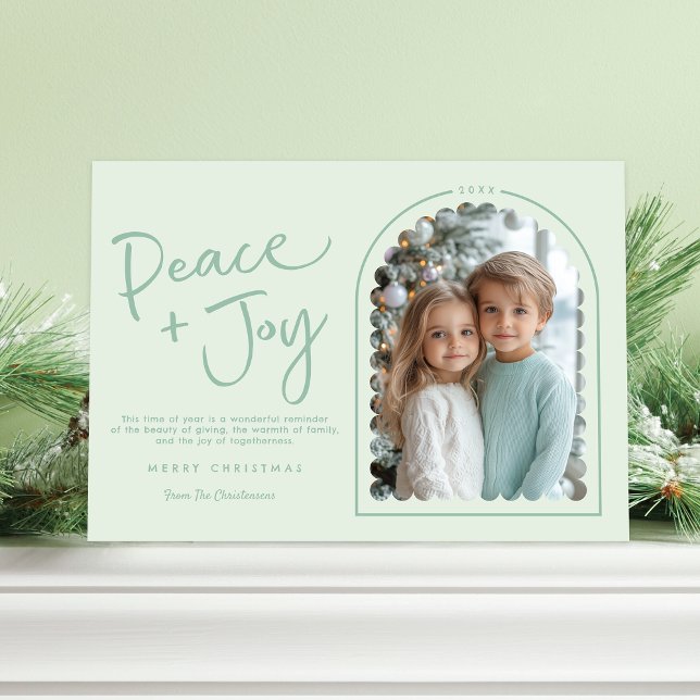 Cartão De Festividades Pastel Green Modern Arch Peace Joy Foto de Natal (Shown on a 5" x 7" card)