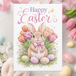 Cartão De Festividades Pastel Pink Tulips Easter Bunny Happy Easter