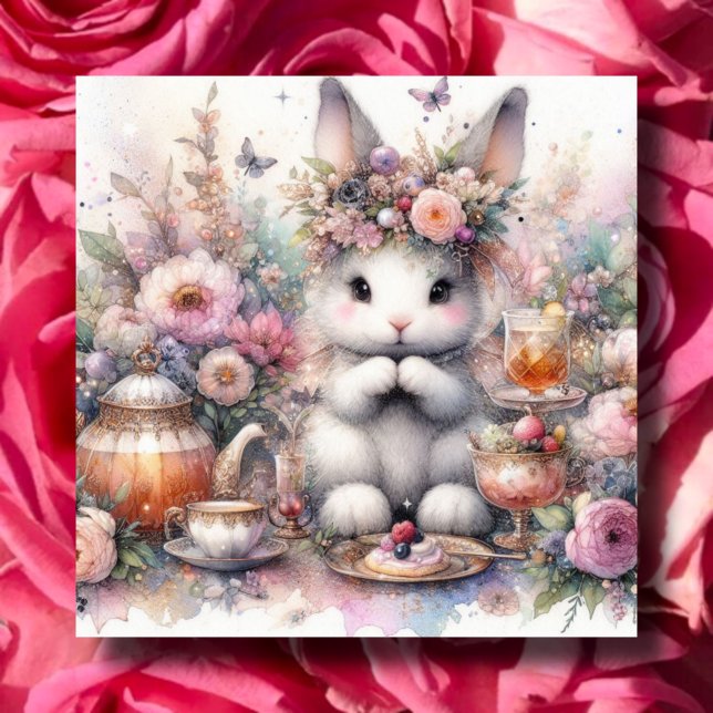 Cartão De Festividades Pastel Purple Floral Fantasy Bunny Tea Páscoa (Criador carregado)