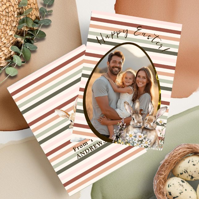Cartão De Festividades Pastel Striped Bunnies & Ovos Foto (Pastel Striped Bunnies & Egg Photo Holiday Card)
