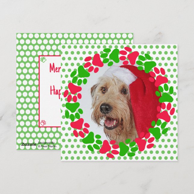 Cartão De Festividades Pata de Cachorro Imprimir Foto Vermelha e Verde (Frente/Verso)