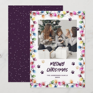 Cartão De Festividades Patas de Gato Roxo Luzes de Natal Foto Meowy