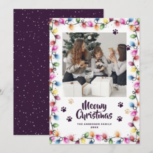Cartão De Festividades Patas de Gato Roxo Luzes de Natal Foto Meowy