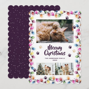 Cartão De Festividades Patas de Gato Roxo Luzes de Natal Foto Meowy