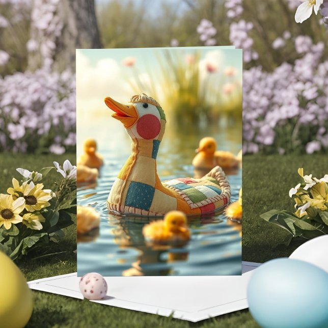 Cartão De Festividades Patchwork Plush Duck Mama Páscoa alegre (Adorable patchwork mama duck plushie Easter card with swimming baby ducklings in Spring sunshine.)