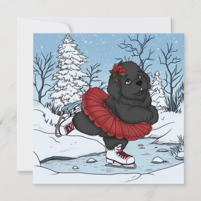 Cartão De Festividades Patinação no Gelo Cachorrinho de Terra Nova Natal  (Frente)