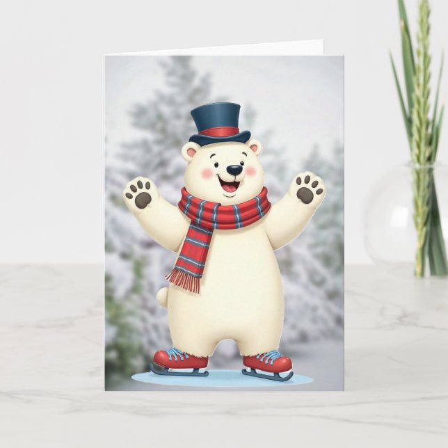Cartão De Festividades Patins de Férias de Urso Polar de Neve  (Frente)