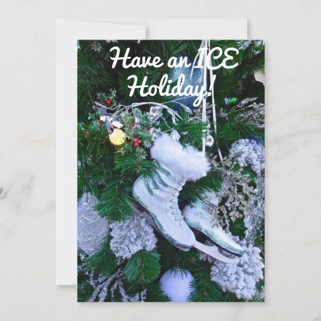 Cartão De Festividades Patins de Gelo com Lantejoulas Azuis e pelo sobre  (Frente)