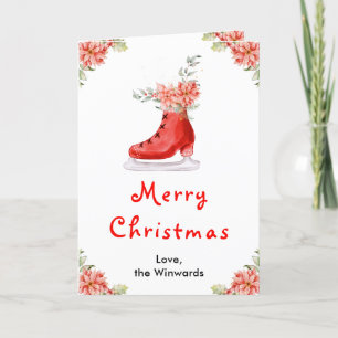 Cartão De Festividades Patins de Gelo Floral Vermelho Feliz Natal