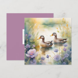 Cartão De Festividades Pato adorável em aquarela com flores silvestres em