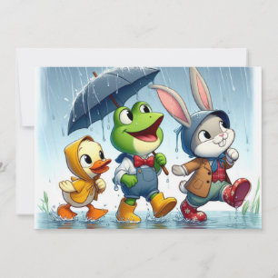 Cartão De Festividades Pato bonito, sapo, coelho na chuva