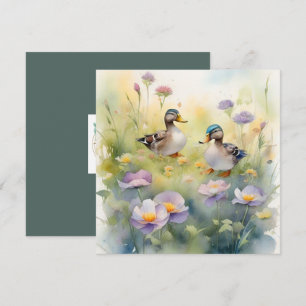 Cartão De Festividades Pato Cute Watercolor e Flores Silvestres em Branco