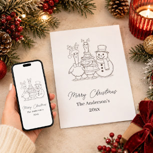 Cartão De Festividades Pato de Natal Família Doodle preto branco moderno