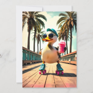 Cartão De Festividades Pato Patinador Divertido de Verão Retro