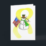 Cartão De Festividades Patriotic Snowman & Yellow Ribbon Christmas Card<br><div class="desc">We've blended our patriotic snowman with his saluting arm and his flag arm on top of The Yellow Ribbon that represents "Coming Home." And, this card says we miss you and wishes the recipient to be ... "home for the holidays." Hopefully, for good! This card can be customized on the...</div>