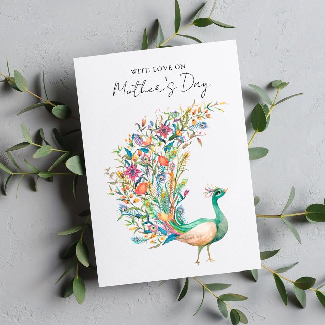 Cartão De Festividades Pavão Aquarelado Com Amor No Dia das Mães (Criador carregado)