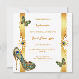 Cartão De Festividades Pavão Quinceañera dourado branco glamour penas