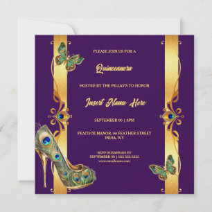 Cartão De Festividades Pavão Quinceañera dourado roxo glamour penas