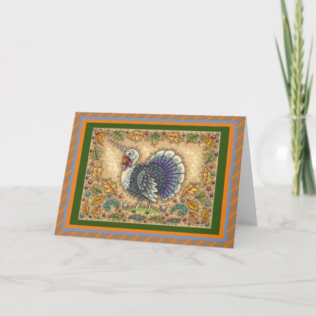 CARTÃO DE FESTIVIDADES PAVO DE AÇÃO DE GRAÇAS UNICÓRNIO, FANTASIA CAPRICH (Frente)