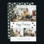 Cartão De Festividades Paw Print Photo Collage Happy Pawlidays Green Pet<br><div class="desc">Cartão verde moderno para fotos felizes, com três fotos com um cartões de natal em destaque na frente e no fundo verde, com neve caindo e pegadas na parte de trás. Personalize facilmente este Cartões de foto de Natal verde de cães com as suas fotografias, o nome da família e...</div>