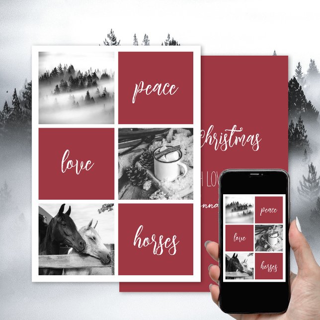 Cartão De Festividades Paz amor cavalos Amante de cavalos Natal Feriado (Peace, love, horses, personalized horse photo Christmas card, modern, elegant. Download or print.)