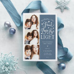 Cartão De Festividades Paz, Amor e Luz | Foto de Hanukkah<br><div class="desc">Um cartão com fotos de Hanukkah, com uma bela tipografia, apresenta três das suas fotos favoritas em formato quadrado no lado esquerdo. "Desejando-lhe paz, amor e luz a este Chanucá e sempre" aparece à direita em tipografia branca, com letras brancas, sobre um fundo azul tachado com estrelas. Personalize com sua...</div>