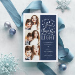 Cartão De Festividades Paz, Amor e Luz | Foto de Hanukkah<br><div class="desc">Um cartão com fotos de Hanukkah, com uma bela tipografia, apresenta três das suas fotos favoritas em formato quadrado no lado esquerdo. "Desejando-lhe paz, amor e luz a este Chanucá e sempre" aparece à direita em tipografia branca, com letras brancas, sobre um fundo azul marinho pontilhado com estrelas. Personalize com...</div>