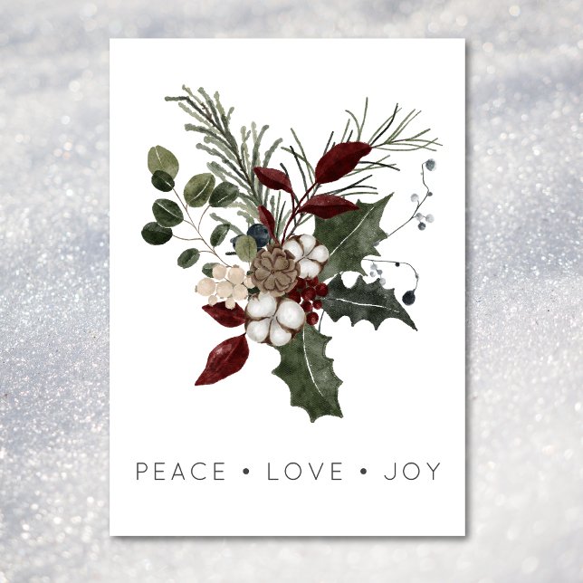 Cartão De Festividades Paz de Natal Amor Rústico Mínimo Holly Greenery (Christmas Peace Love Rustic Minimal Holly Greenery Holiday Card)