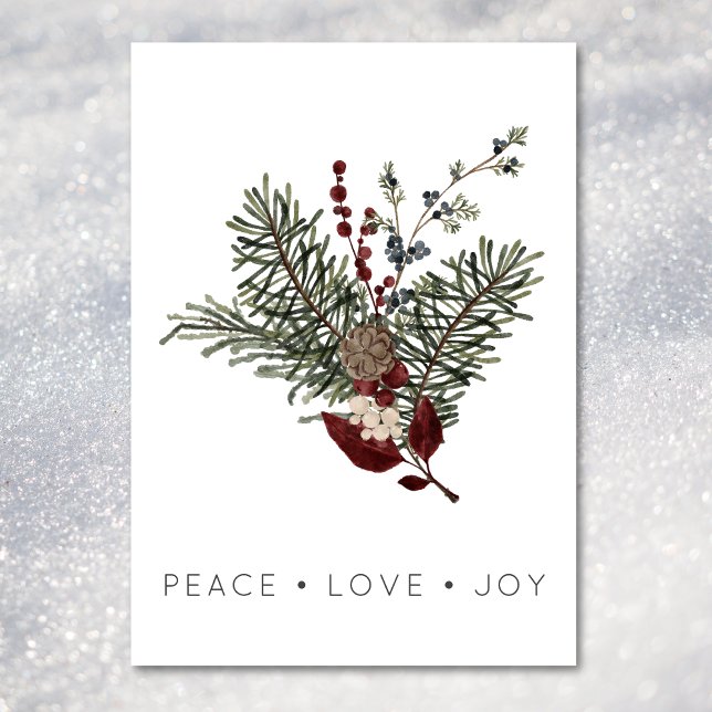 Cartão De Festividades Paz de Natal Amor Rústico Mínimo Holly Pine (Christmas Peace Love Rustic Minimal Holly Pine Holiday Card)