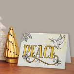 Cartão De Festividades Paz, Dourada Tipografia Radiante Dove Business<br><div class="desc">Design de tipografia com esboços em preto e ouro. A PEACE é escrita com espirais vintages, onde se encontra uma pomba com ramo de oliveira, irradiando luz ouro. O design está completo com desenhos de plano de poinsettia e folha oca. A mensagem dentro é totalmente editável e, no momento, lê...</div>
