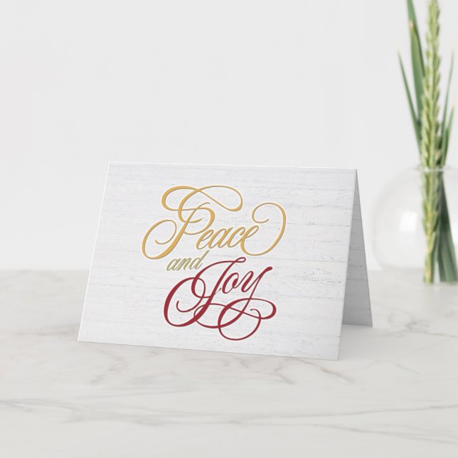 Cartão De Festividades Paz e alegria na madeira branca (Frente)