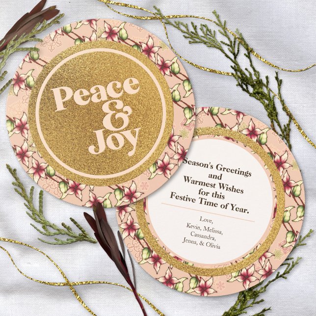 Cartão De Festividades Paz e alegria, Poinsettia Rosa e Dourada (Peace and Joy, Pink and Gold Poinsettia Holiday Card)