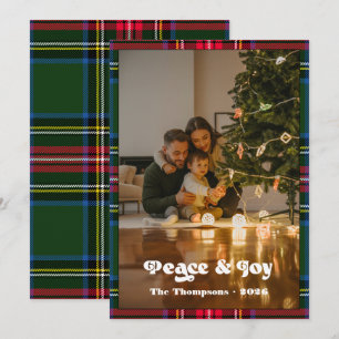 Cartão De Festividades Paz e Alegria Tartan Xadrez Verde Natal Família