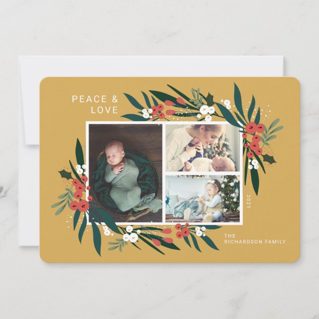 Cartão De Festividades Paz e Amor Festivo Cranberry & Foliage Foto (Frente)