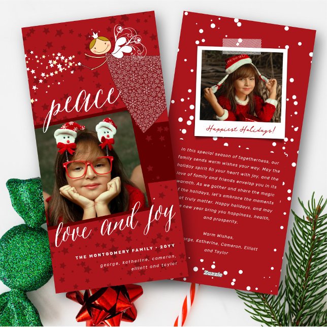 Cartão De Festividades Paz e Joy Magic Snowflakes Foto Fada de Natal (Peace Love & Joy Whimsical Snowflakes Magic Christmas Fairy Princess Photo Holiday Card @ fat_fa_tin)